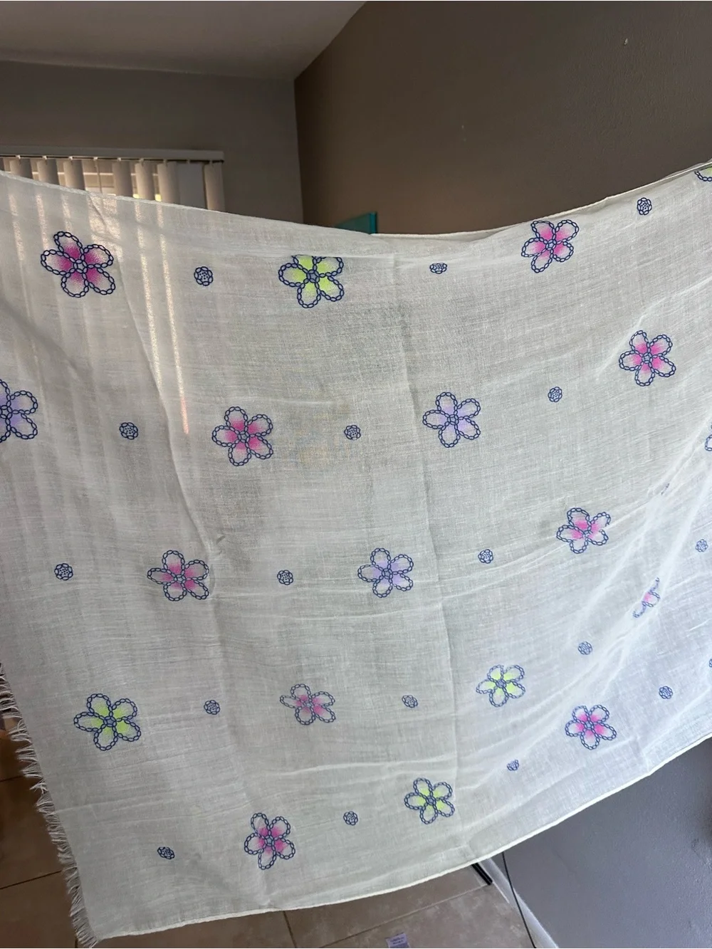 Lightweight Floral Embroidered Scarf - White with Pink & Green Flowers